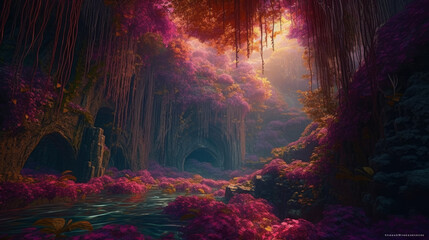 Fantastical fantasy nature, amazing world hidden in forest, generative ai