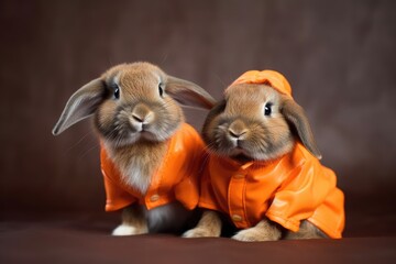two cute rabbits wearing matching orange raincoats sitting side by side. Generative AI