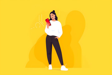 Flat vector illustration Full length portrait of attractive cheerful lady standing near phone with empty space on yellow background