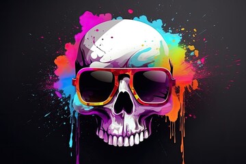 scull in sunglasses realistic with paint splatter abstract  