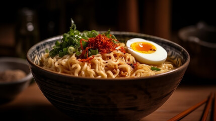 A delicous bowl of noodles with pork stripes and pasta, generative ai