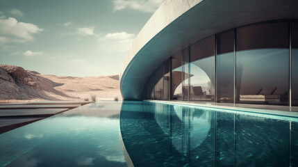 Obraz na płótnie Canvas Pool full of water in futuristic building and big windows, generative ai