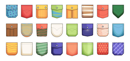 Cartoon pockets collection. Cargo and patch pockets for clothes, casual uniform textile icons flat style, fashion fabric patches design. Vector isolated set. Female and male colorful wear