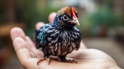 A fat tiny adorable rooster lyong in hand, generative ai