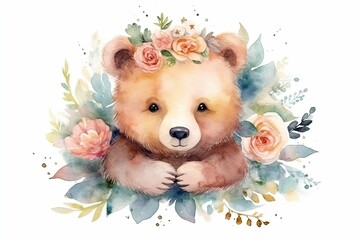 watercolor painting of a bear with a floral crown. Generative AI