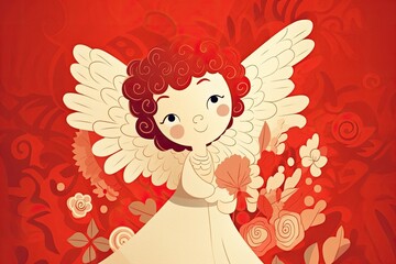 cute red-haired angel holding a flower. Generative AI