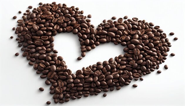 Heart-shaped coffee beans on a white background with Generative AI, representing love and concern for sustainable and organic farming. - Powered by Adobe