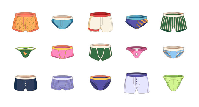 Men underwear. Cartoon man boxer briefs and trunks, male pants and briefs in different styles and colors, male underclothes. Vector flat set. Comfortable male undergarment isolated collection