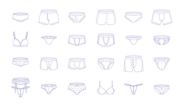 Line underpants. Outline male swimwear sketch, mens underwear boxer shorts, summer vacation togs and sportswear. Vector swimsuit bundle. female pants and bra, lingerie shop collection