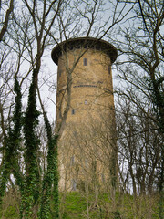 Ein alter Wasserturm an der Nordseeküste erhebt sich hinter verkrüppelten Eichen