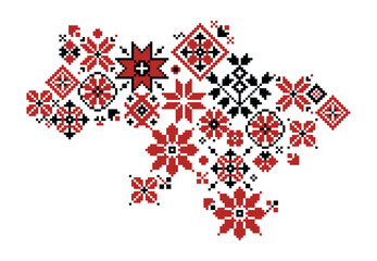 Ukrainian embroidery map. Topography of Ukraine with traditional national ornamental symbols and embroidery elements, country map with flowers and leaves. Vector illustration. Patriotic needlecraft