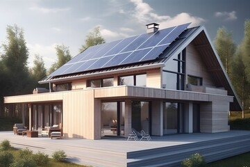 Modern house with solar photovoltaic panels on the roof. 3D rendering style of eco house concept. Generative Ai.