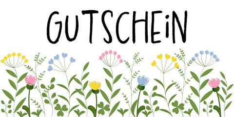 Gutschein, Text in deutsch. Banner mit Kräutern und Blumen in Pastellfarben.