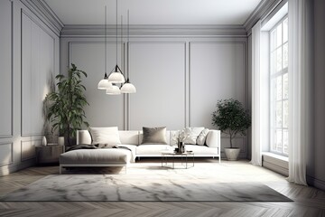 modern living room with a white couch and a potted plant as a decorative element. Generative AI