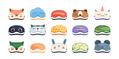 Cartoon sleeping masks. Cute face blindfold mockups, tired sleepy animal face protection, night spa accessories. Vector isolated set. Bedtime nightwear collection with bear, cat, owl and fox