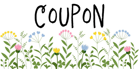 Coupon, Gutschein mit Blättern und Blüten in Pastellfarben.