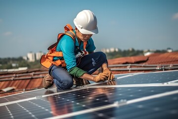 A technician installing the solar panels at roof top of home and home office ,concept of economic energy and cost saving ,own small business. Photovoltaic Panels. Generative Ai.