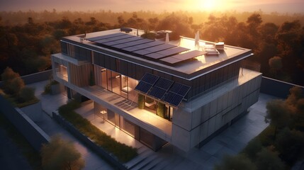 Beautiful country house with roof terrace and solar panels. Exterior and interior design of a luxury home with a swimming pool. 3d rendering. Generative ai.