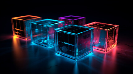 Glowing Blocks: Colored Neon-Lit Cubes Generative AI