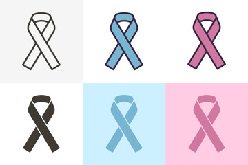 Awareness ribbon in different styles. Vector thin line icon illustration. Symbol for awareness of different male and female diseases like colon, prostate cancer, breast cancer. Pink and Blue - obrazy, fototapety, plakaty