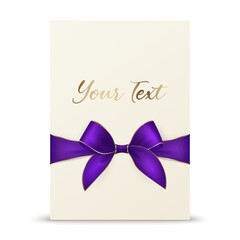Vector 3d Realistic Purple Gift Ribbon and Bow with White Greeting Card Background. Bow Design Template, Concept for Birthday, Christmas Presents, Gifts, Invitation, Card, Gift Box. Holiday Decoration