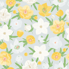 Hellebores floral seamless pattern vector. Vintage winter rose helleborus flowers green leaves foliage on gray background. Botanical vector illustration