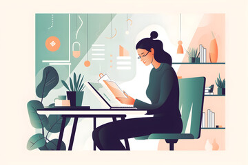 Fototapeta na wymiar Flat vector illustration Businesswoman holding tablet and smiling for scheduling appointment, advertising or marketing in office. Happy female employee smiling using touc