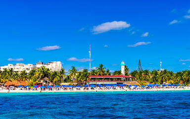 Isla Mujeres panorama view from speed boat in Cancun Mexico.