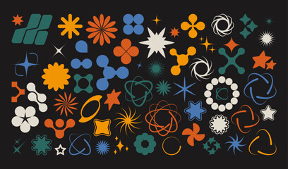 Colorful y2k shapes. Abstract retro futuristic stars and space objects, modern 90s flaship spaceship boomerang circle moon graphic. Vector geometric set. Different bright shapes, starburst