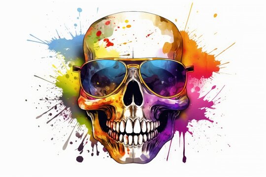 scull in sunglasses realistic with paint splatter abstract