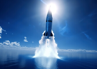 Rocket taking off into space. Rocket with smoke flies into space. Generative AI.