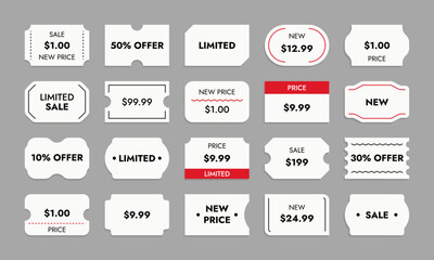 Products price stickers. Price tag mockup with date code, supermarket blank stickers for sale expiration mark, grocery product id. Vector set. Badges for shopping of various shapes