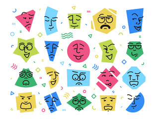 Doodle shapes with faces. Happy angry scared laughing smile angry facial expression icons, cute geometric forms of abstract characters. Vector isolated collection. Negative and positive feelings