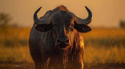 Naklejka premium buffalo on the background of the African savannah, hot day, animals of Africa. ai generative