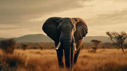 Fototapeta na wymiar elephant on the background of the African savannah, hot day, animals of Africa. ai generative