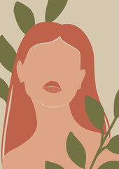 Abstract illustration of young woman with leaves. Contemporary art poster