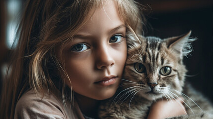A small cute child with a Siberian cat 