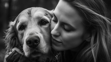 Mono portrait of a close-up of a beautiful woman with a dog - obrazy, fototapety, plakaty