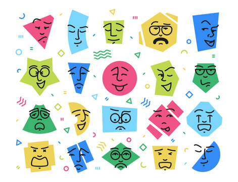 Doodle shapes with faces. Happy angry scared laughing smile angry facial expression icons, cute geometric forms of abstract characters. Vector isolated collection. Negative and positive feelings