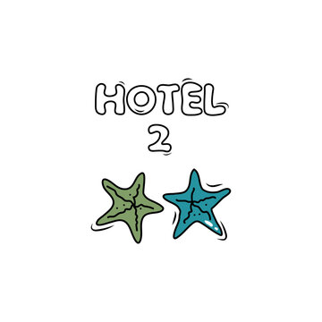 2 stars rating hotel, middle service. Hand drawn sketched picture with one starfish. Doodle cartoon illustration on white background