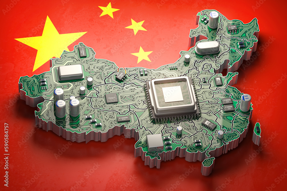 Poster China semiconductor industry, computer chips manufacturing  and artificial intelligence concept. Motherboard with CPU processor in form of map of China