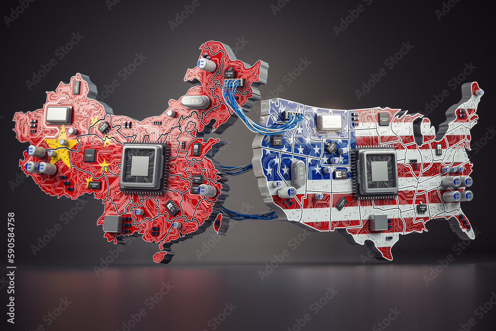 Poster semiconductor chip war between usa and china concept. computer chips in from of china and usa map in
