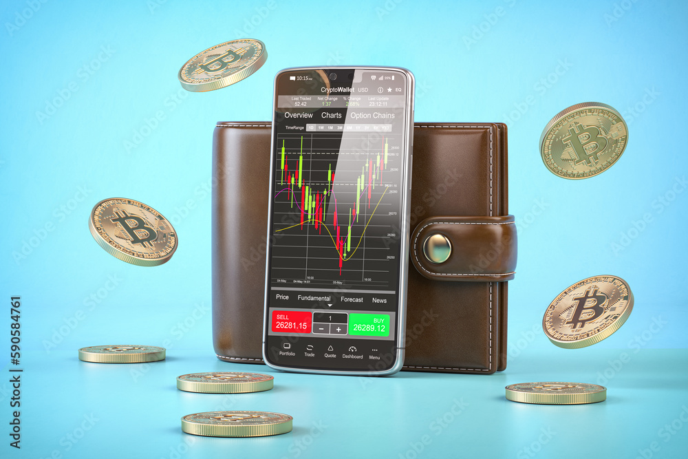 Poster bitcoin digital wallet. mobile phon , crypto caurrency bitcoin and wallet on blue background.
