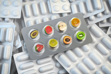 Multivitamins and dietary natural supplements for a healthy diet. Fruits in pills on blister pack.