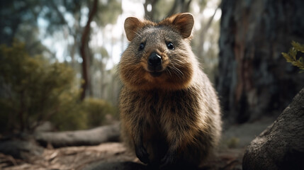 Fototapeta na wymiar quokka on the background of Australian nature, hot day, animals of Australia. ai generative