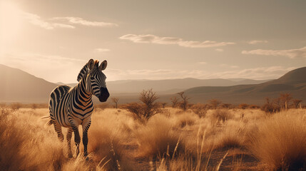Obraz premium zebra on the background of the African savannah, hot day, animals of Africa. ai generative