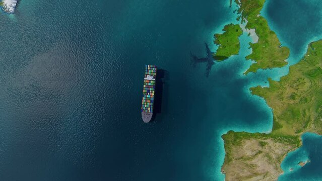 Industrial sea freight ship cargo logistics container world map geo tag navigation import export water delivery transportation concept international shipping isolated copy space flat horizontal. 3d