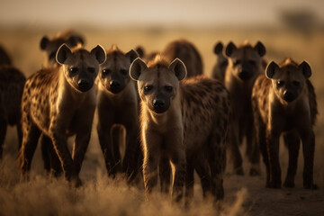 a flock of hyenas on the background of the African savannah, hot day, animals of Africa. ai generative - obrazy, fototapety, plakaty