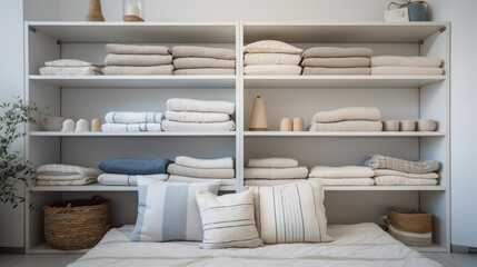 Obraz na płótnie Canvas Bed linens closet neatly arrangement on shelves with copy space domestic textile Generative AI