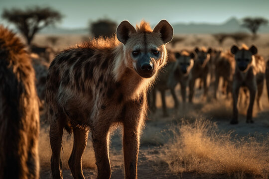 a flock of hyenas on the background of the African savannah, hot day, animals of Africa. ai generative